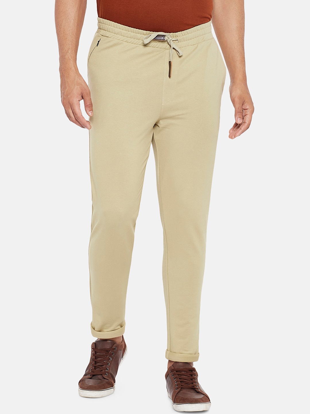 

Urban Ranger by pantaloons Men Beige Solid Pure Cotton Slim Fit Trousers