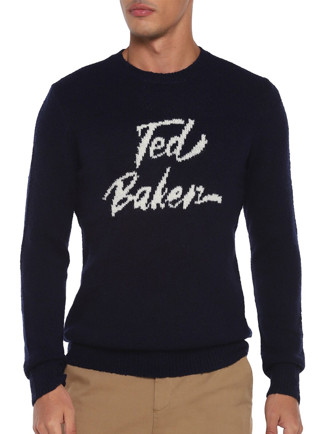 

Ted Baker Men Navy Blue & White Typography Printed Pullover