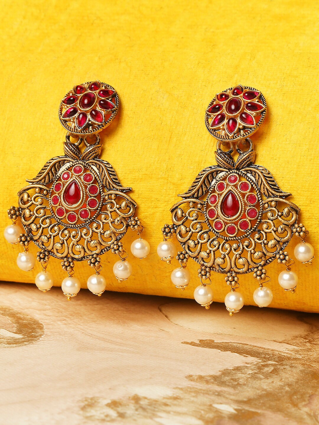 

OOMPH Red & Gold-Toned Stone studded & Pearl Beaded Floral Chandbalis Earrings