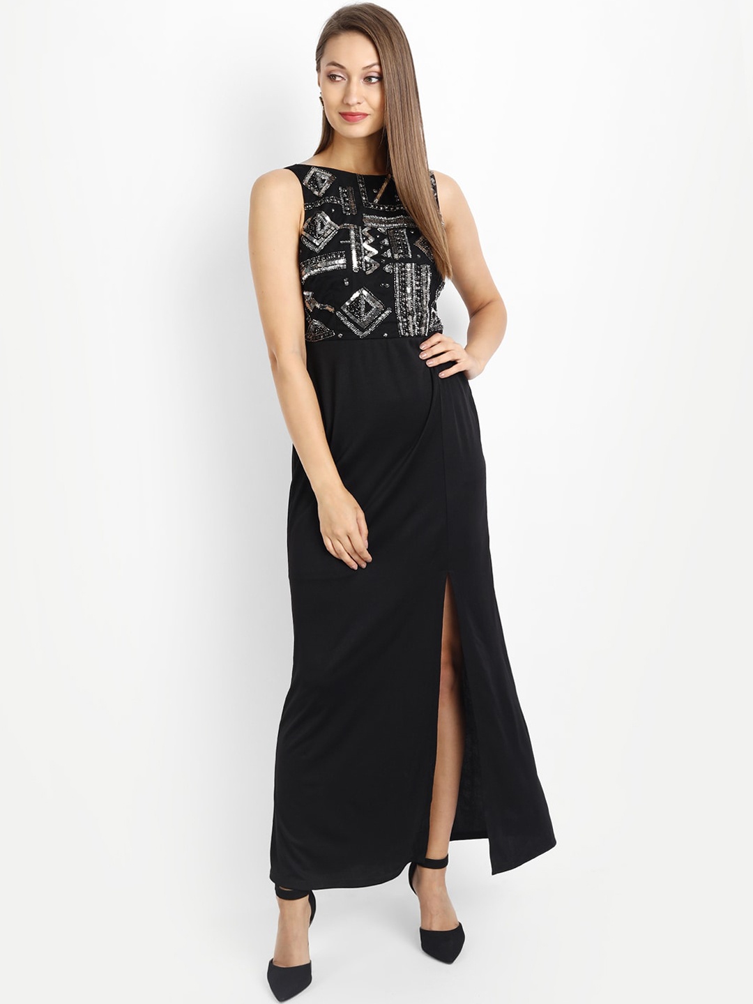 

LY2 Black Geometric Sequins Hand Embellished Long Slit Gown