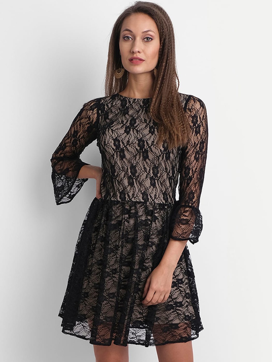 

LY2 Black Self Design Net Fit & Flare Dress