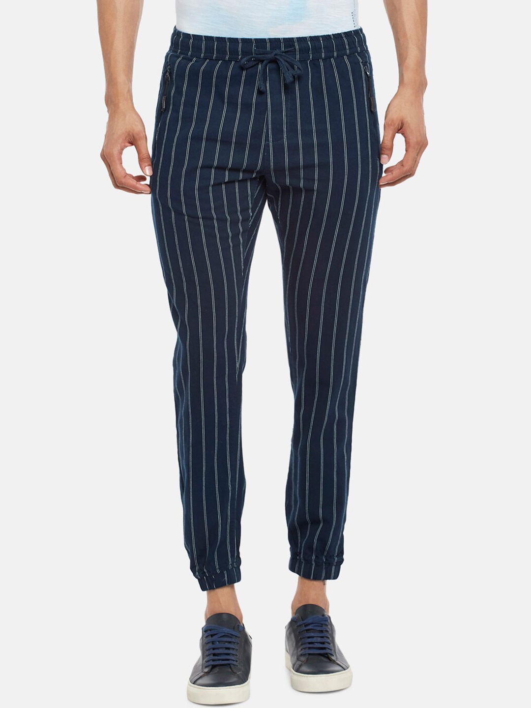 

Urban Ranger by pantaloons Men Navy Blue Striped Slim Fit Jogger Trousers