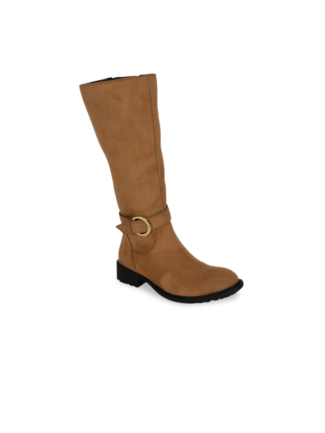 

Bruno Manetti Beige Suede Block Mid-Top Heeled Boots with Buckles