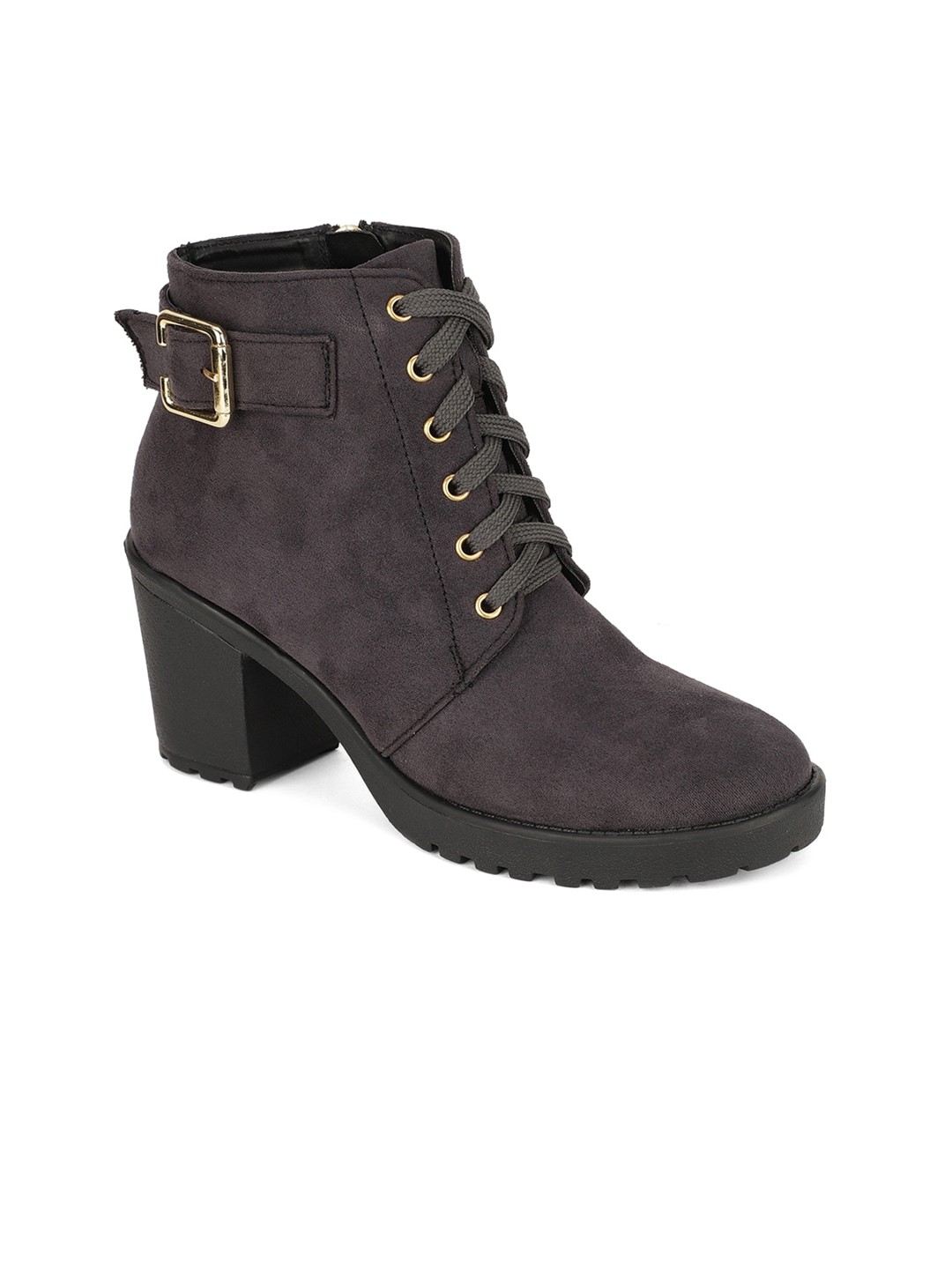 

Bruno Manetti Woman Grey Suede Block Heeled Boots with Buckles