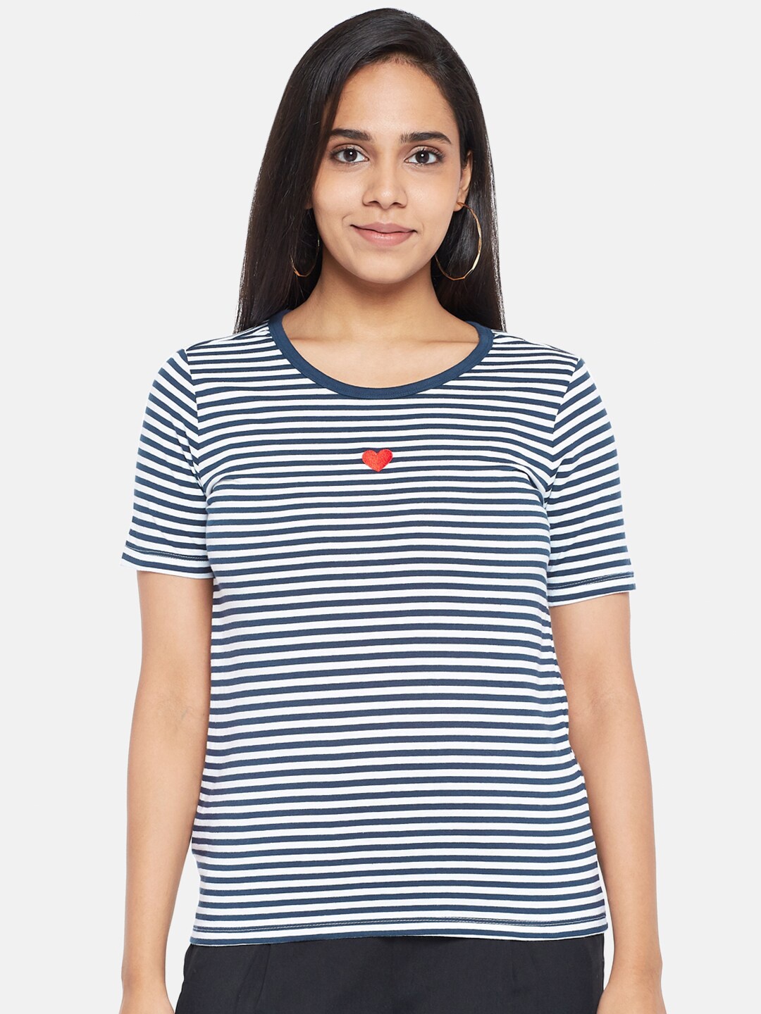 

Honey by Pantaloons Women Navy Blue & White Striped Pure Cotton T-shirt