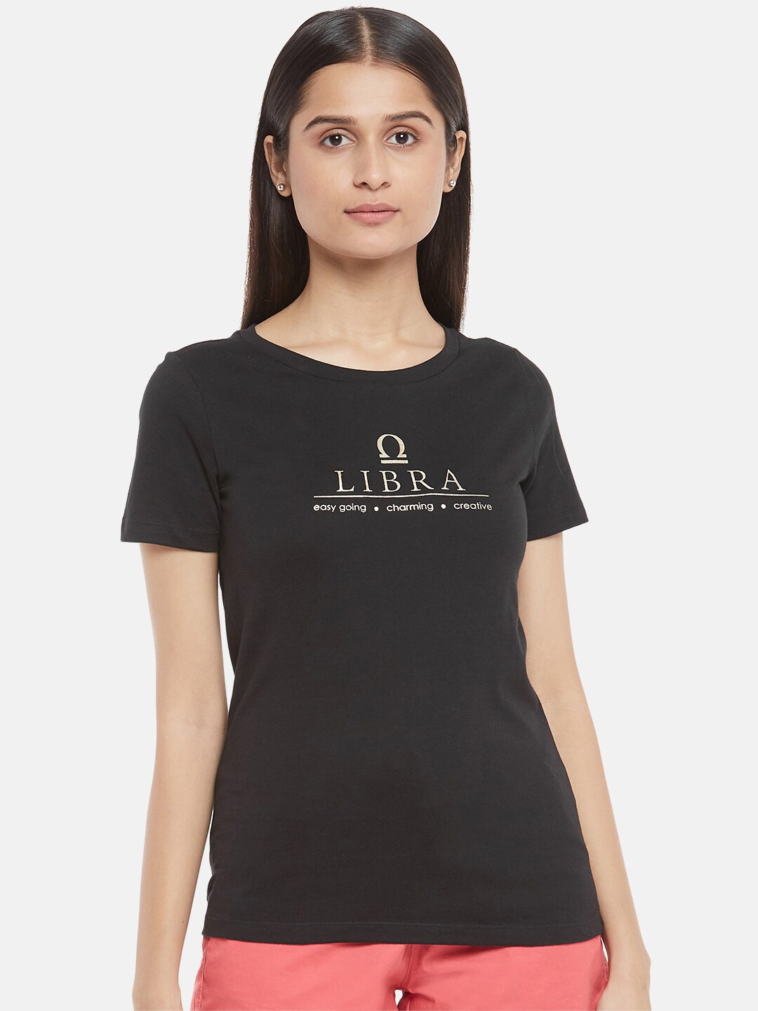 

Honey by Pantaloons Women Black Printed Cotton T-shirt