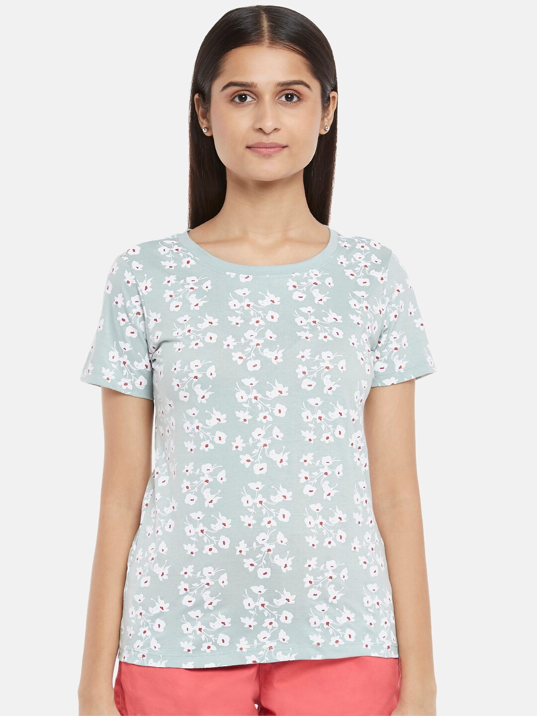 

Honey by Pantaloons Women Green & White Floral Printed Pure Cotton T-shirt