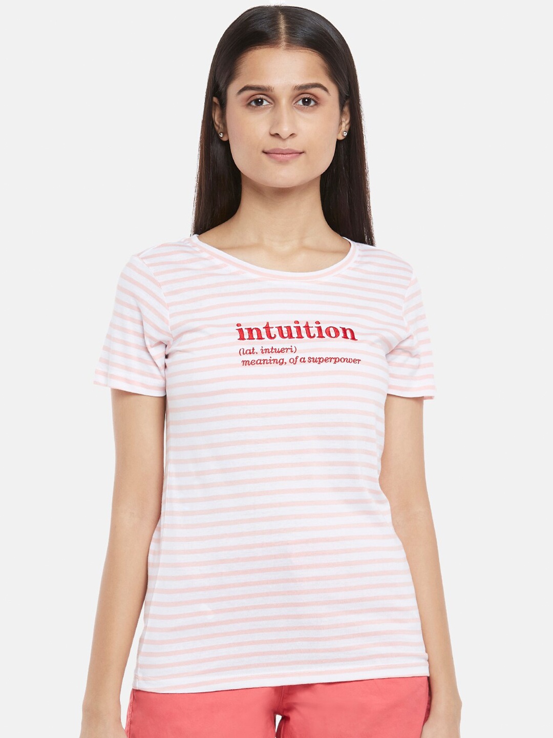 Honey by Pantaloons Women Pink & White Striped T-shirt