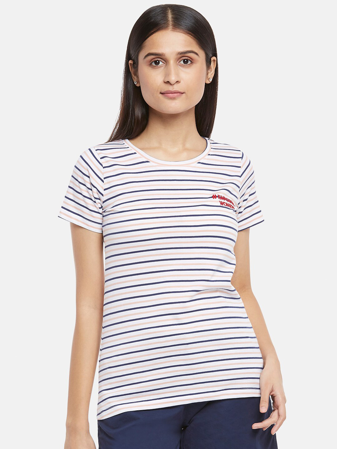 

Honey by Pantaloons Women White & Navy Blue Striped T-shirt