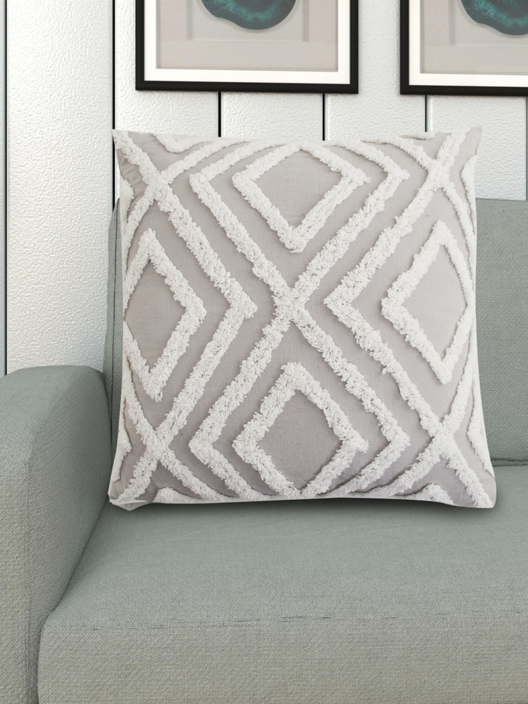 

Home Centre Grey & White Patterned Cotton Cushion
