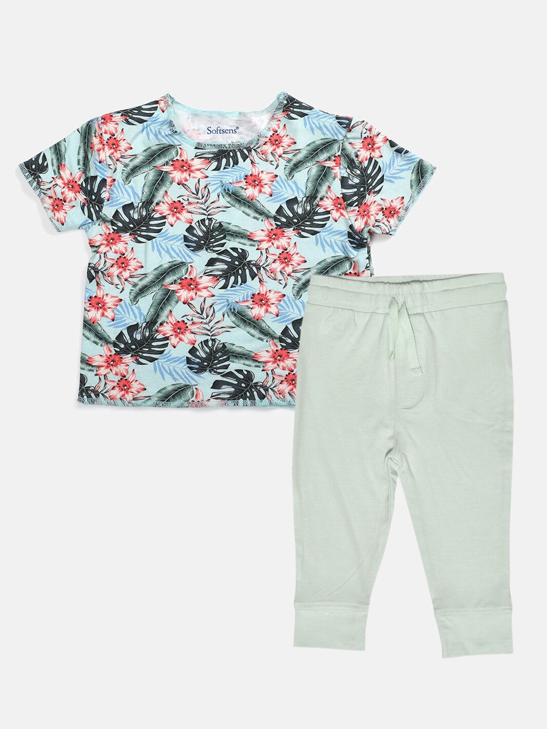 

Softsens Boys Sea Green & Red Printed Bamboo T-shirt with Trousers