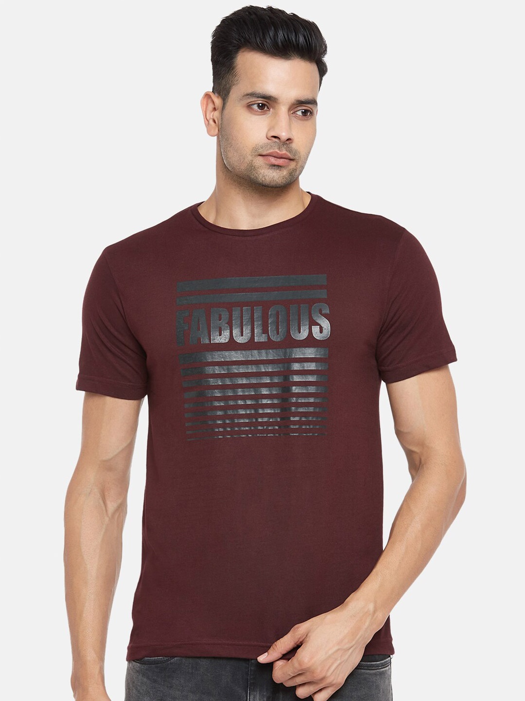

People Men Maroon & Grey Printed Pure Cotton T-shirt