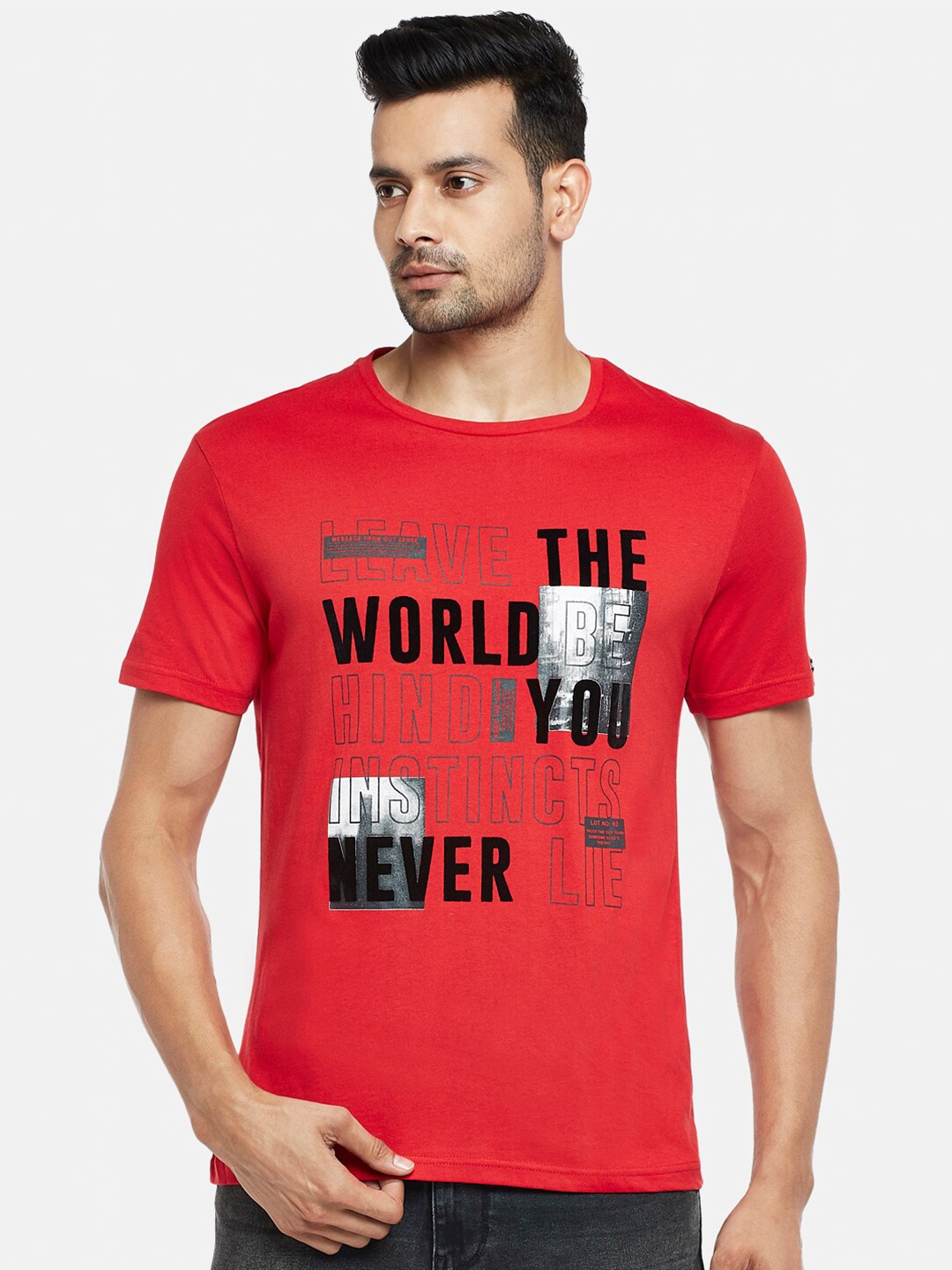 

People Men Red Typography Printed Applique T-shirt