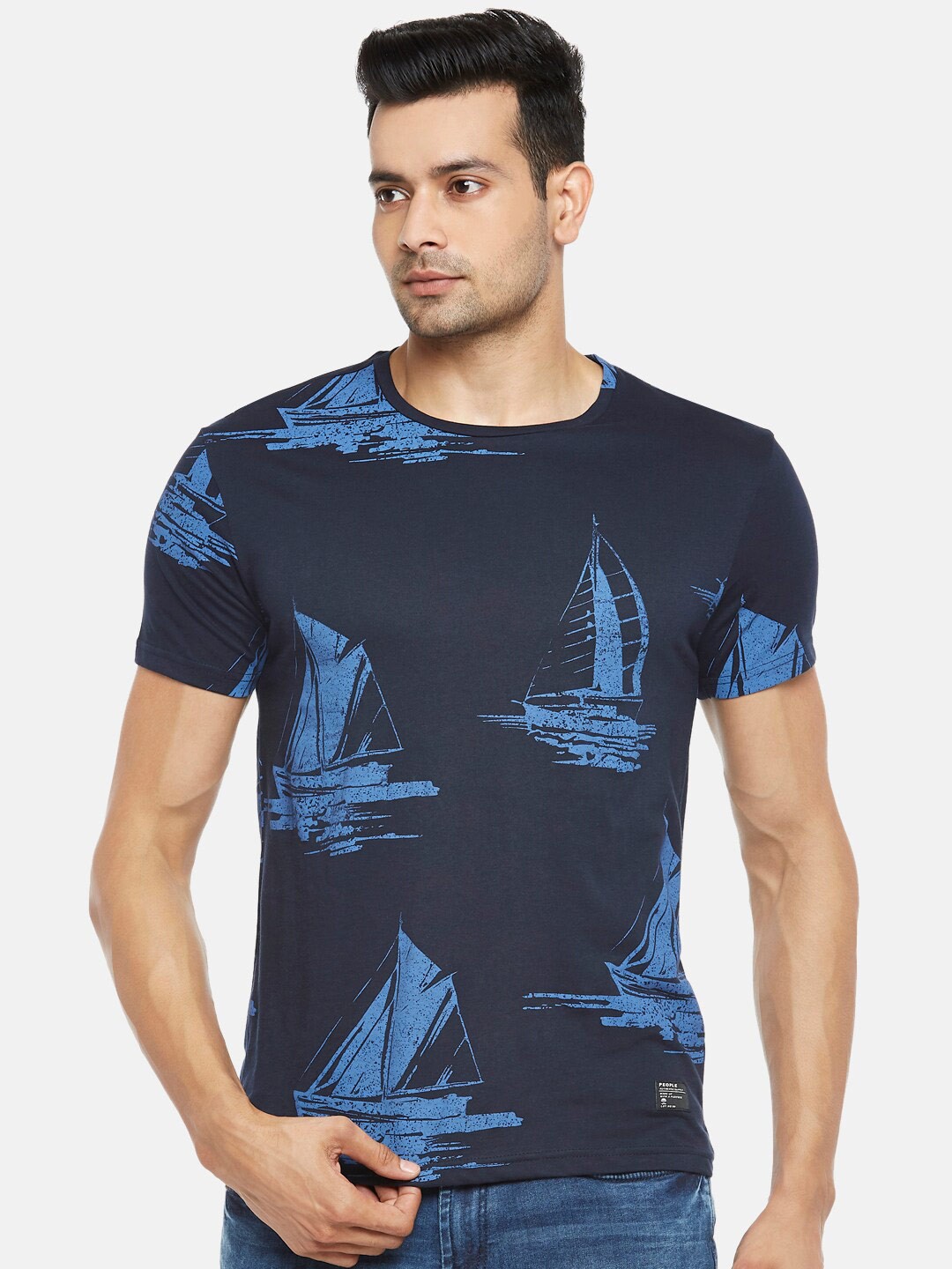

People Men Navy Blue Printed T-shirt