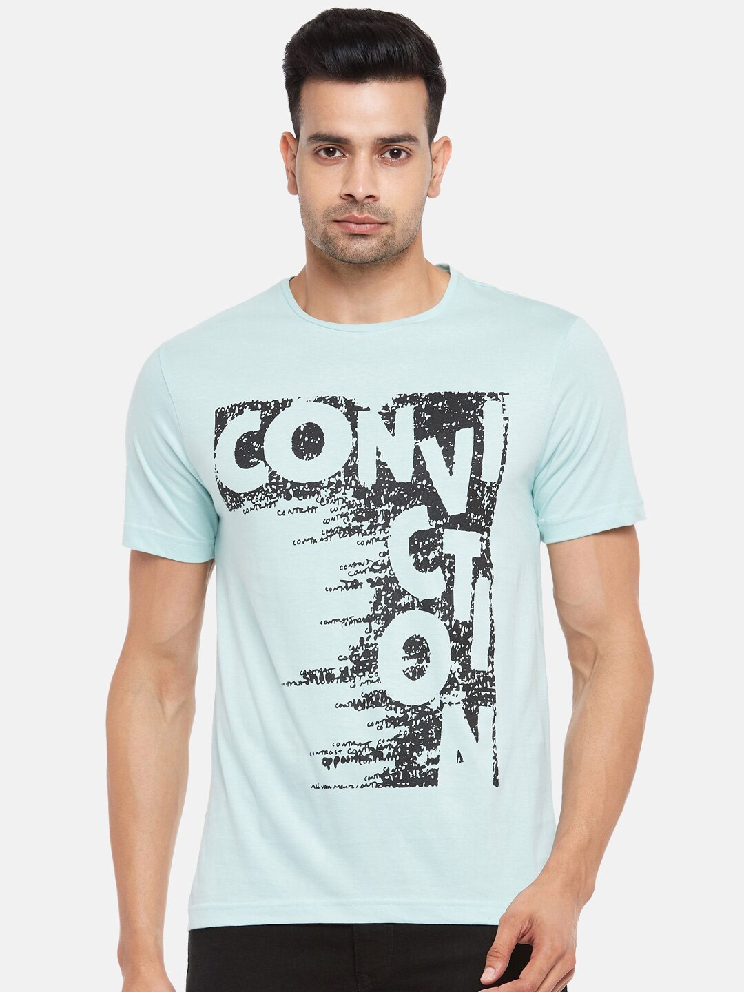 

People Men Turquoise Blue Printed Cotton T-shirt