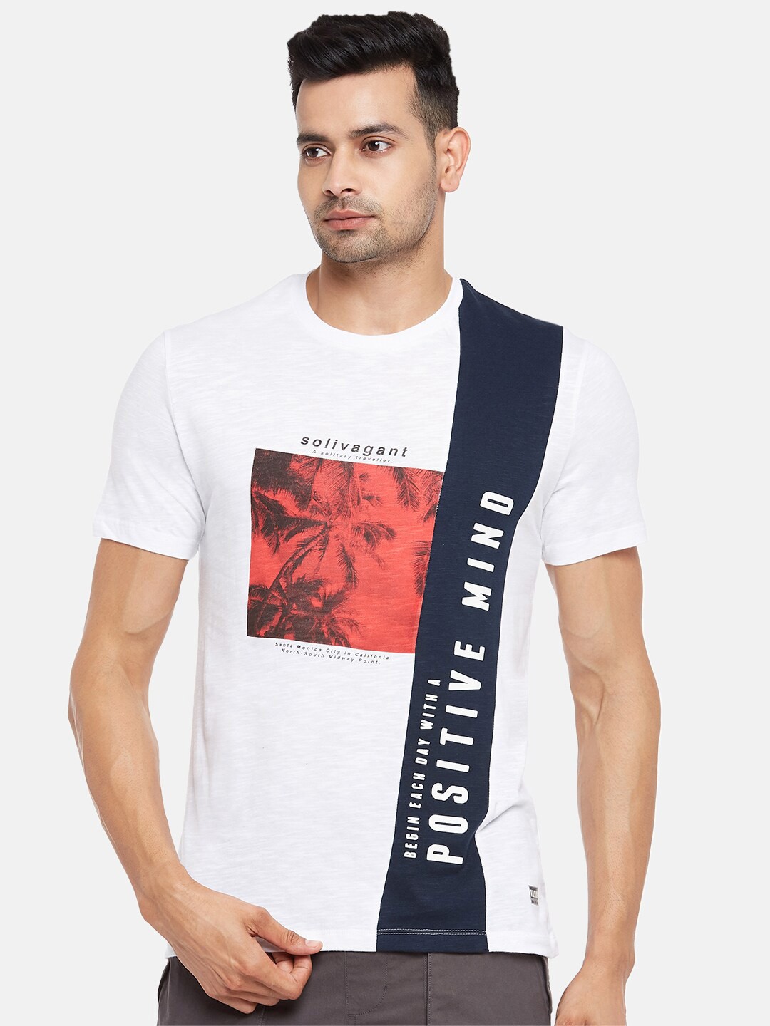 

Urban Ranger by pantaloons Men White & Blue Printed Applique Slim Fit T-shirt