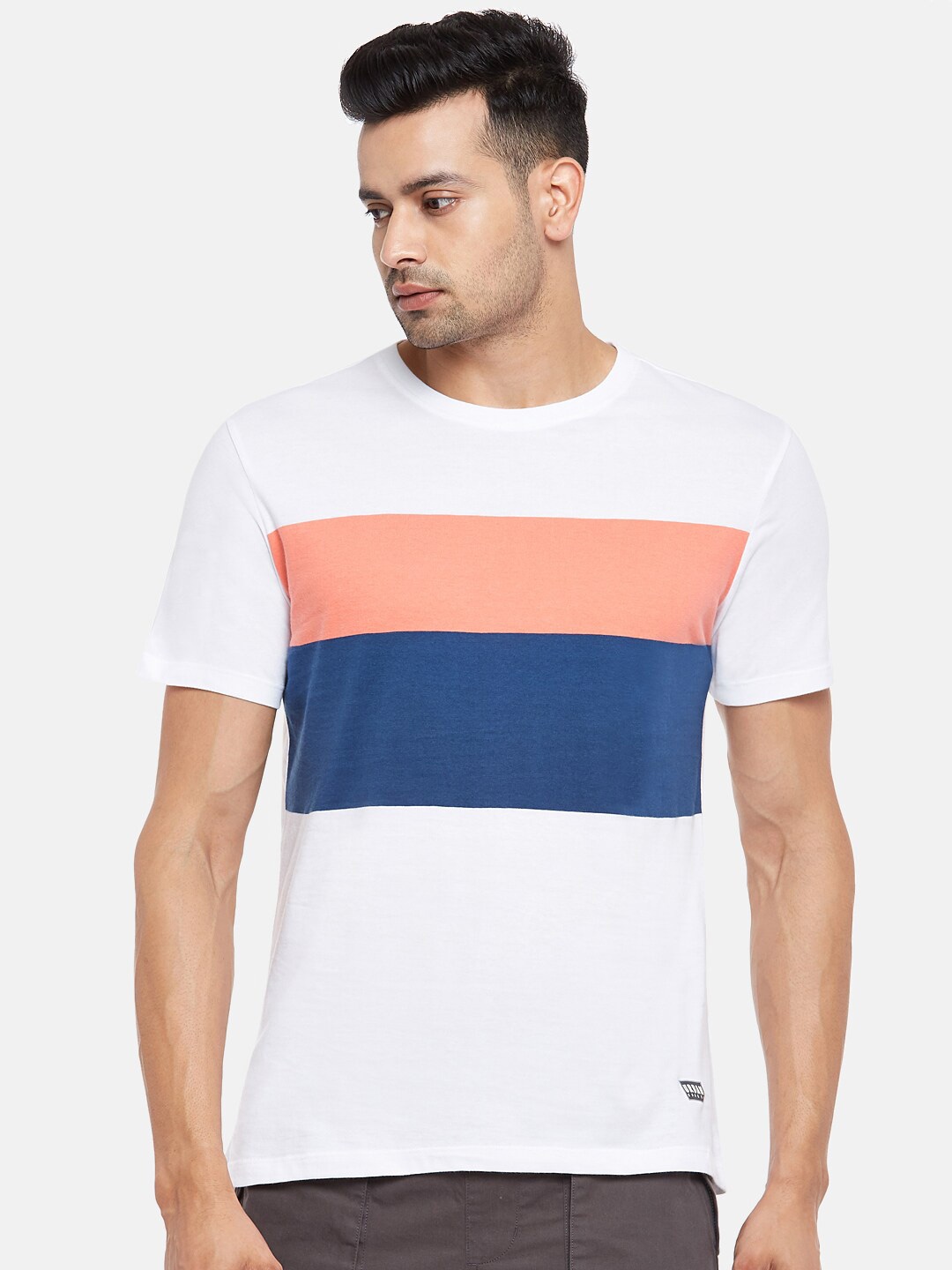 

Urban Ranger by pantaloons Men White & Blue Colourblocked Pure Cotton Slim Fit T-shirt