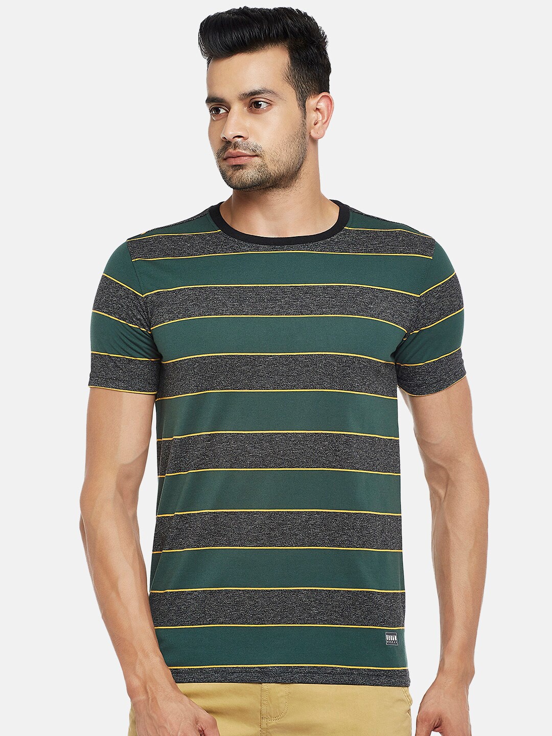 

Urban Ranger by pantaloons Men Olive Green Striped Slim Fit T-shirt