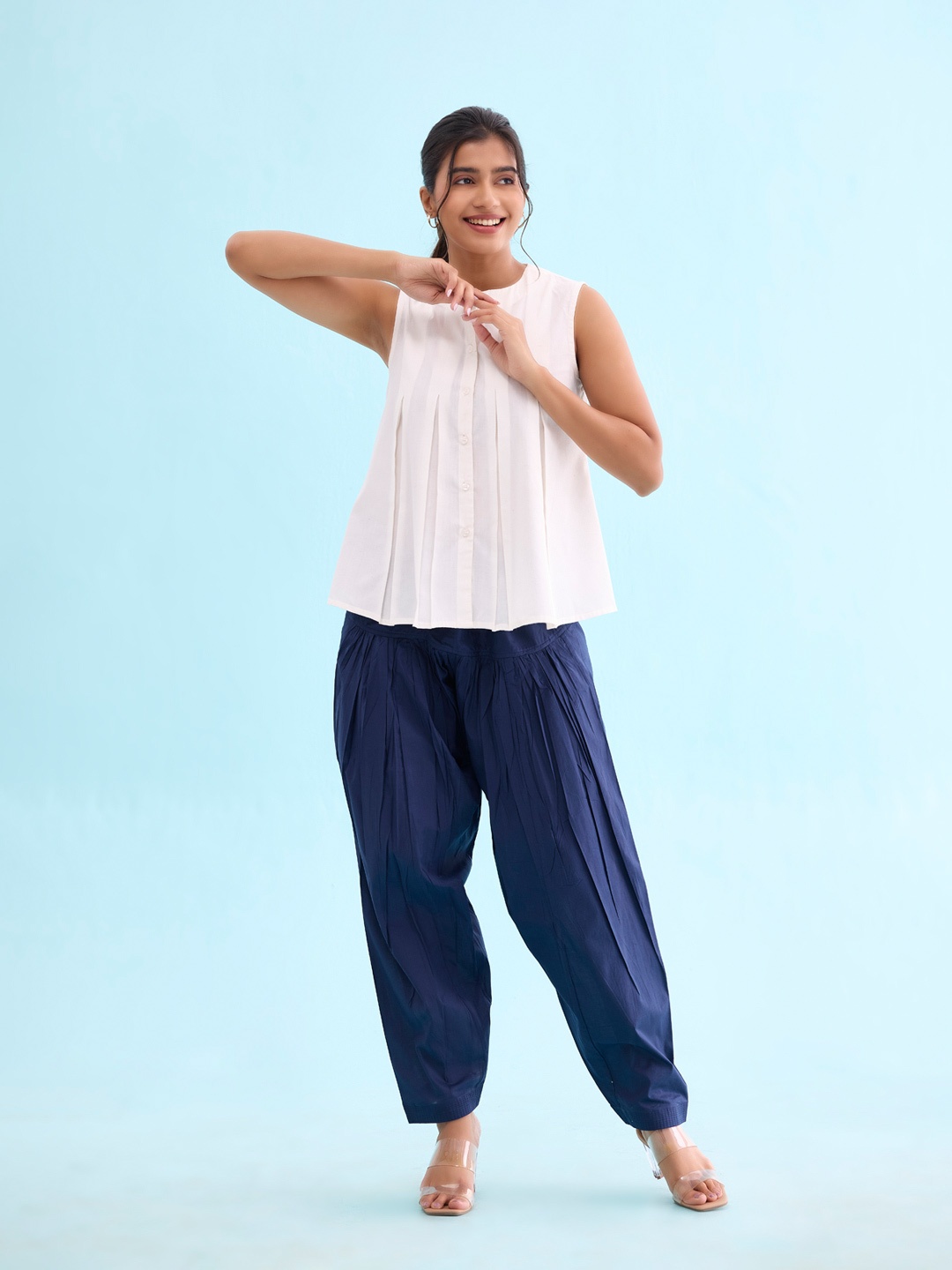 

Go Colors Women Navy Blue Solid Pure Cotton Salwar
