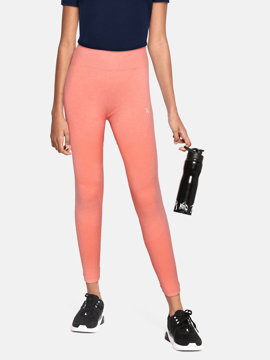 

HRX By Hrithik Roshan U-17 Yoga Girls Shell Pink Seamless Self-Design Tights, Peach