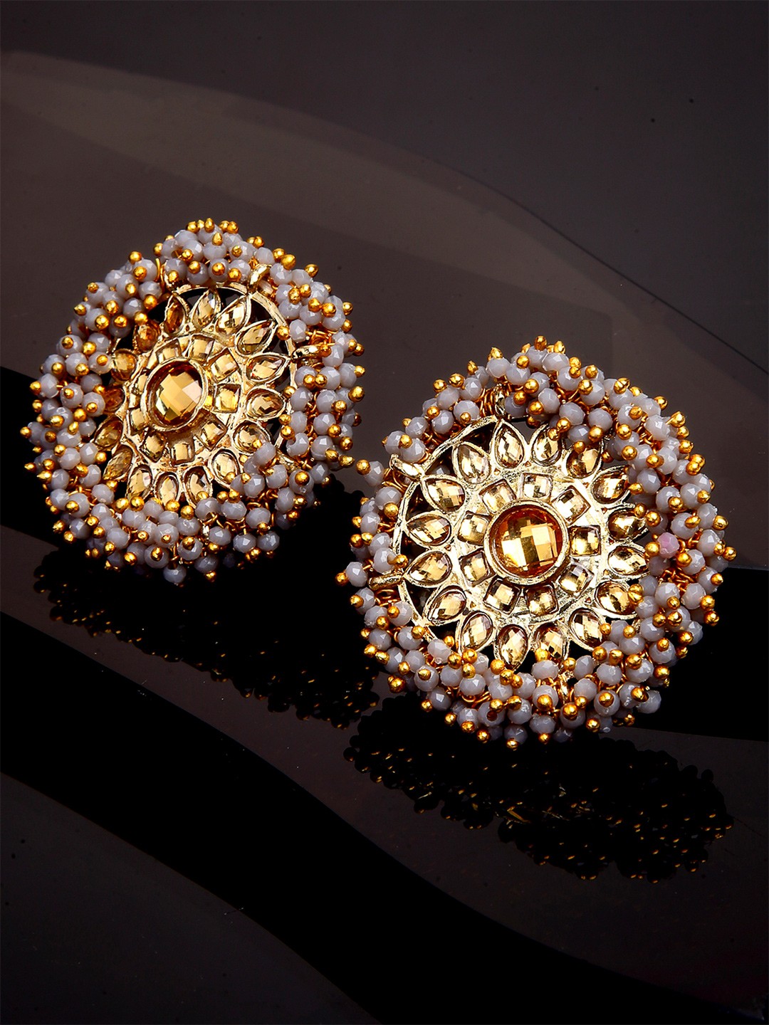 

KARATCART Grey Gold Plated Kundan Floral Studded Earrings