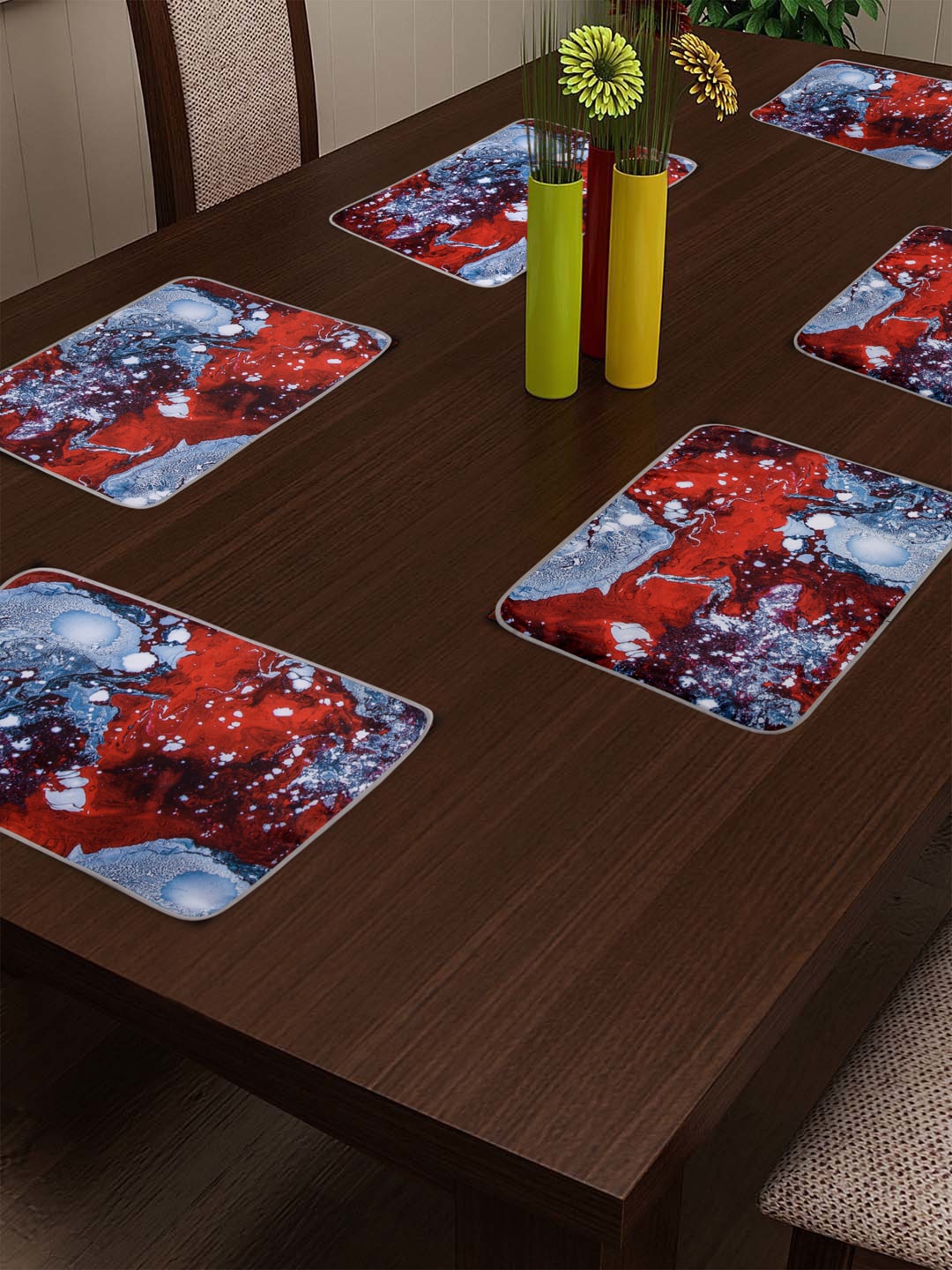 DECOREALM Set Of 6 Red & Blue Printed Table Placemats