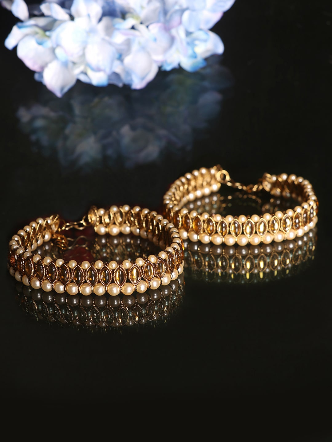 

Women Women Set of 2 Gold Plated Stone & Pearl Studded Anklet