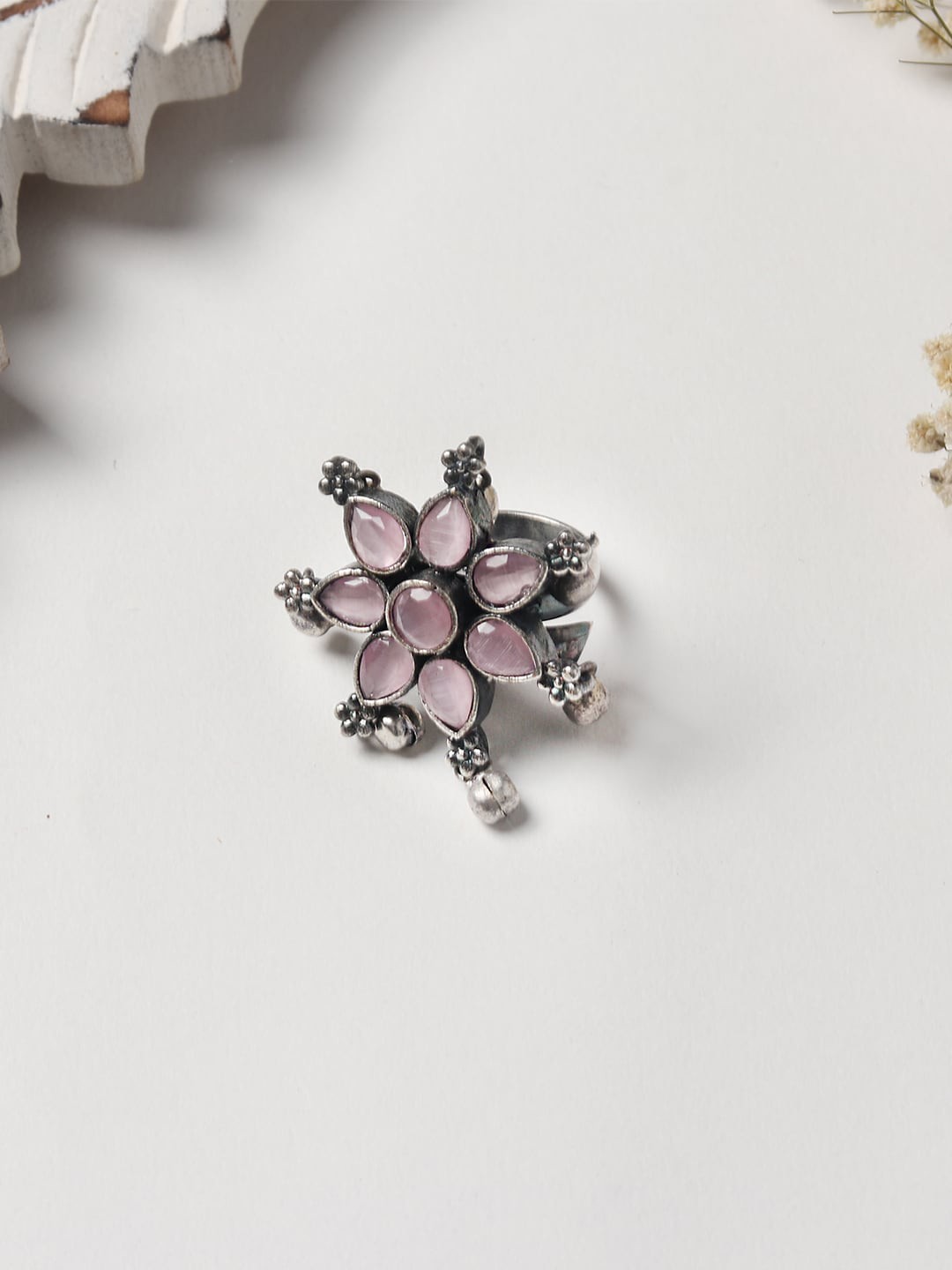 

TEEJH Oxidized Silver-Plated Pink Stone-Studded Adjustable Finger Ring