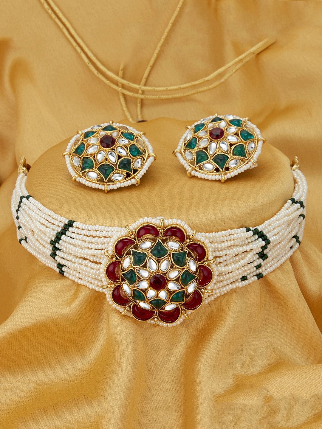 

Sukkhi Gold-Plated Red & Green Kundan-Studded & Pearl Beaded Jadau Jewellery Set