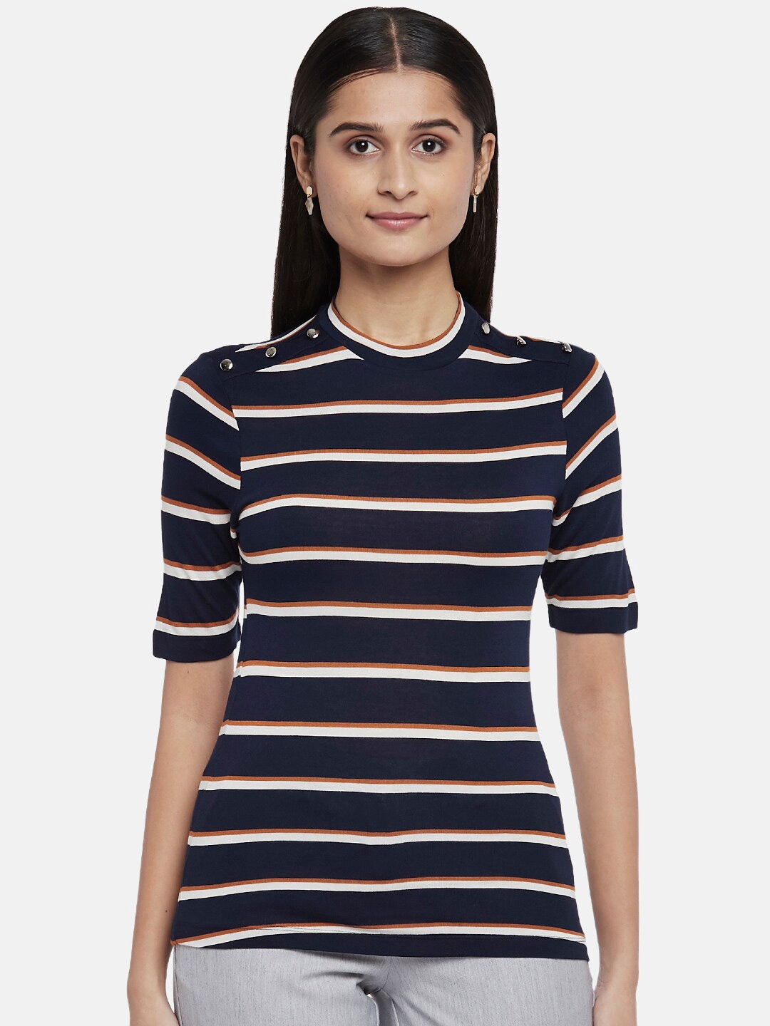 

Annabelle by Pantaloons Navy Blue & White Striped Regular Top