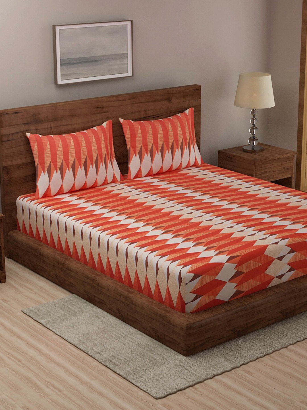 

TAG 7 Rust & Off White Geometric 330 TC King Bedsheet with 2 Pillow Covers
