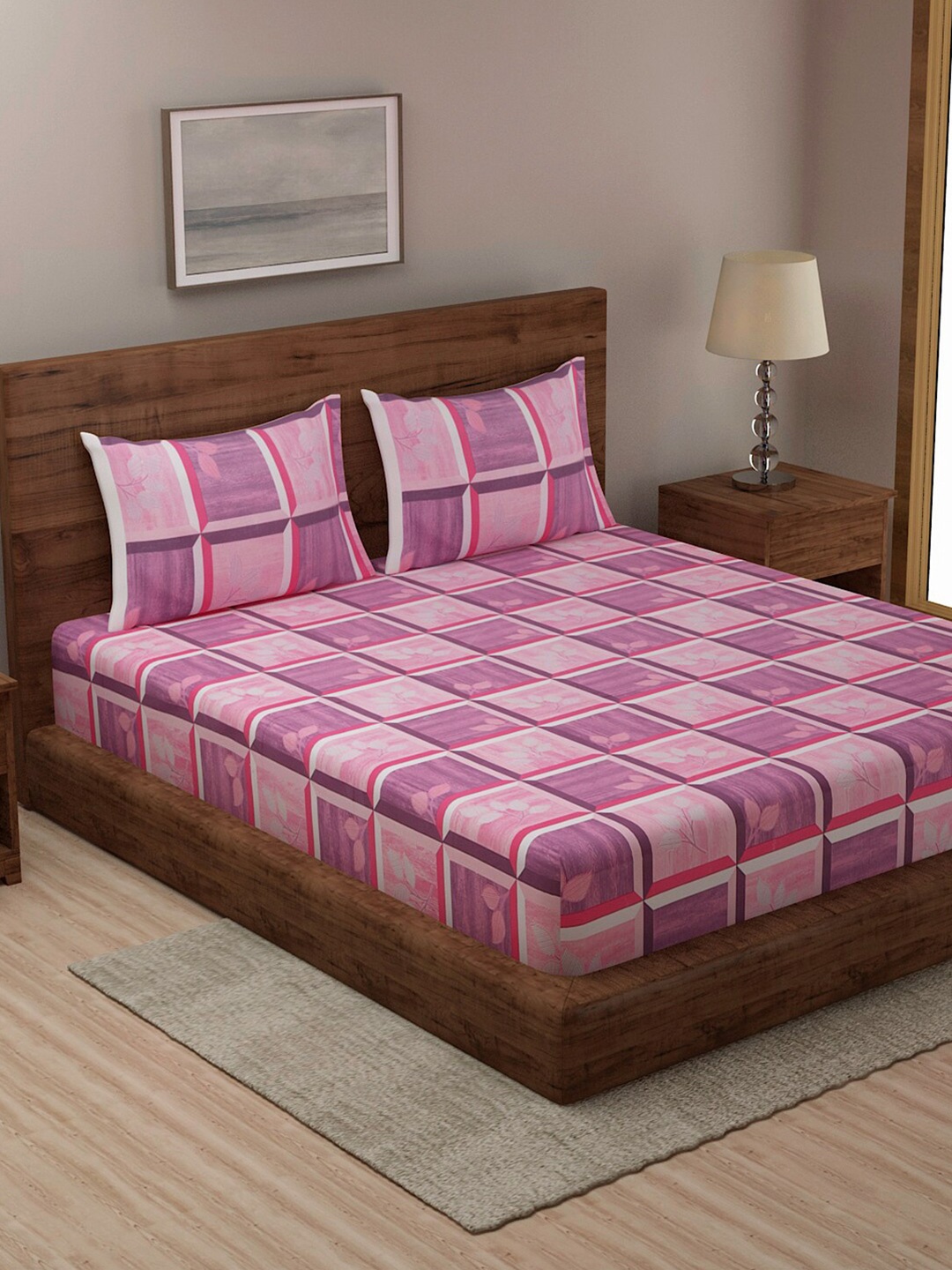 

TAG 7 Pink & Purple Geometric 330 TC Pure Cotton King Bedsheet with 2 Pillow Covers