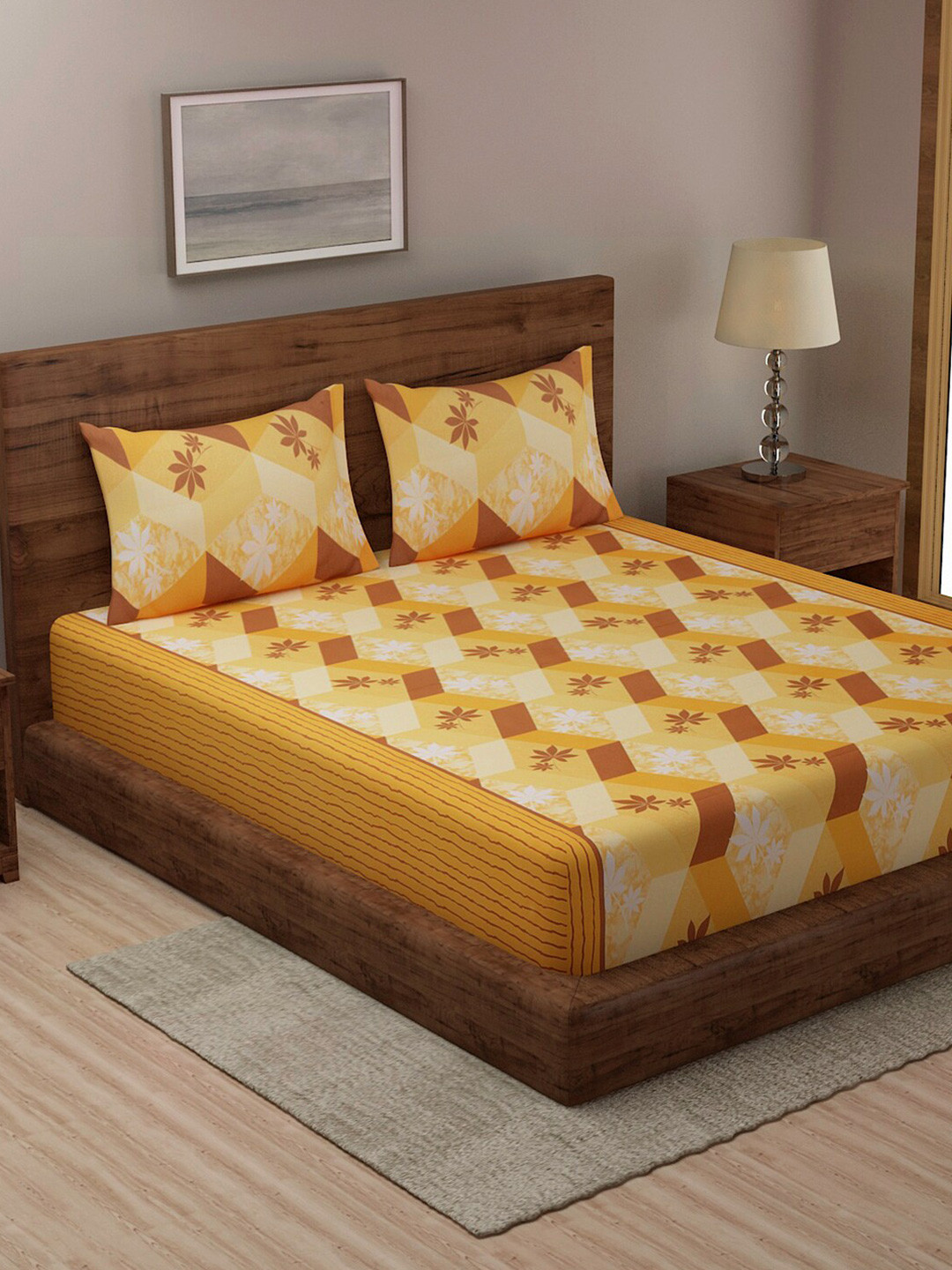 

TAG 7 Orange & Cream-Coloured Geometric 330 TC King Bedsheet with 2 Pillow Covers