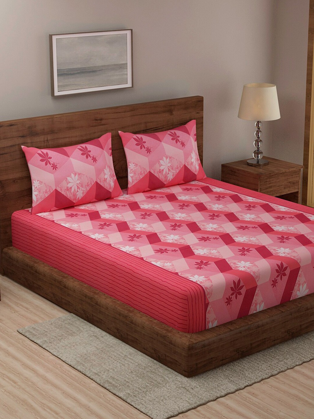 

TAG 7 Pink Geometric 330 TC 1 King Bedsheet with 2 Pillow Covers