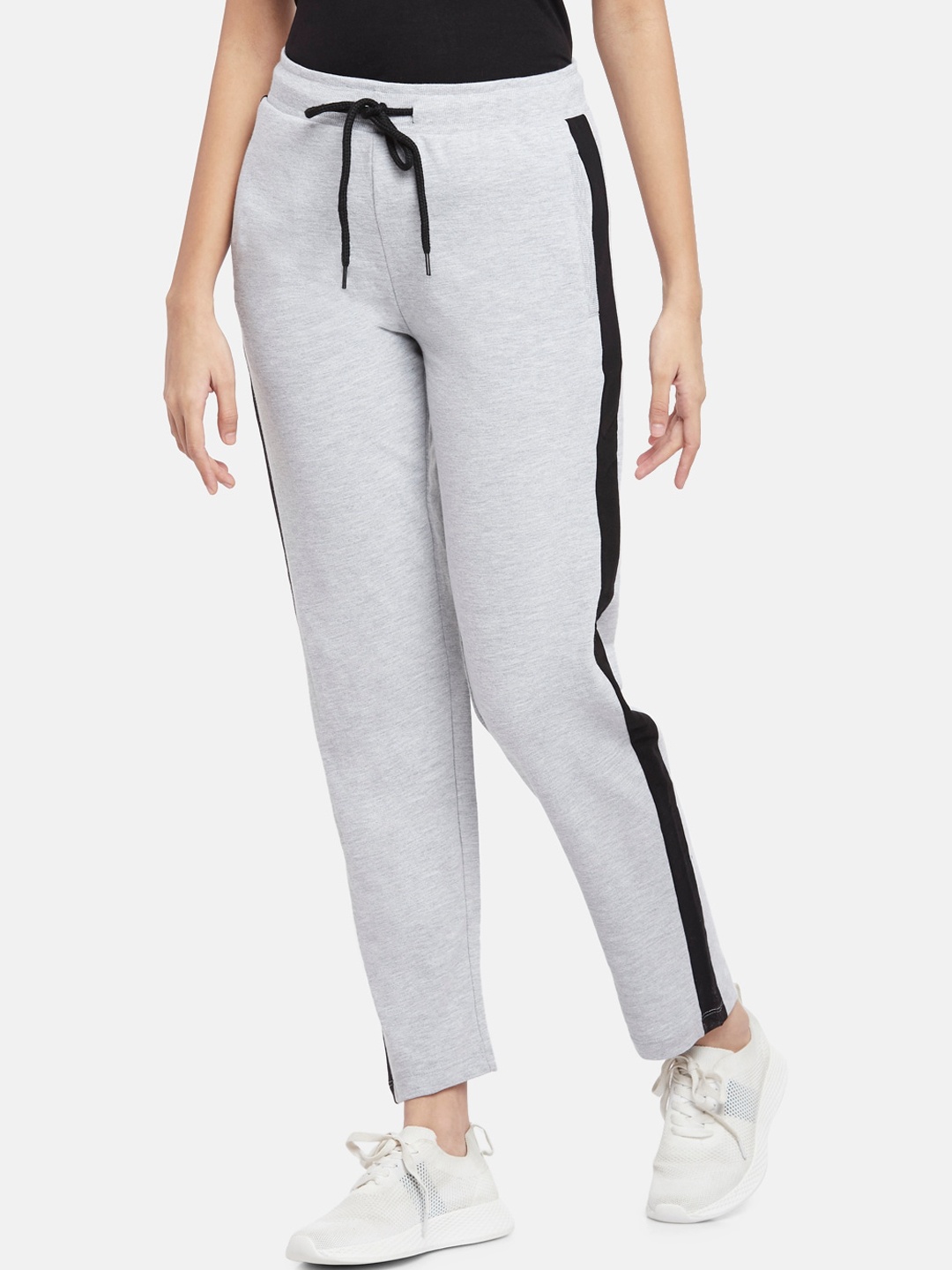 

Ajile by Pantaloons Women Grey Melange & Black Striped Pure Cotton Track Pants