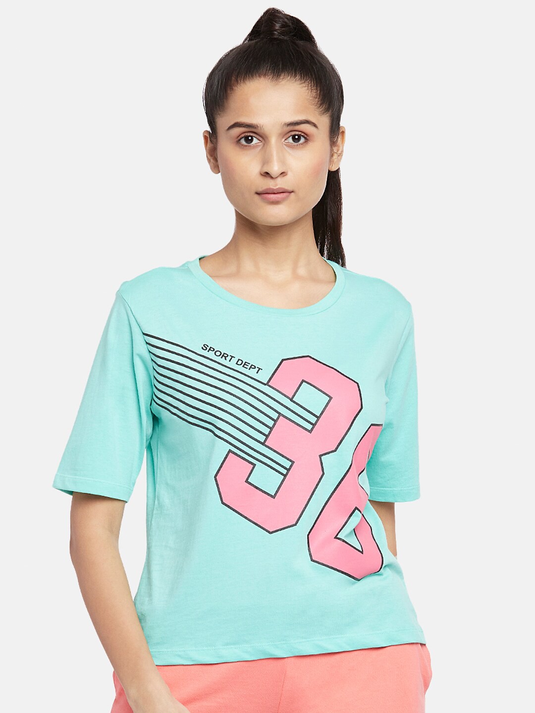 

Ajile by Pantaloons Green & Pink Graphic Printed Pure Cotton Regular Top