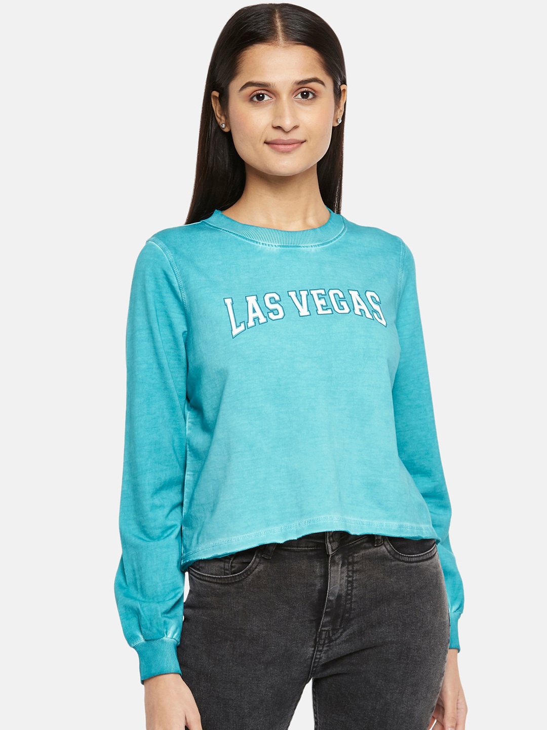 

People Women Teal Blue Printed Cotton Sweatshirt