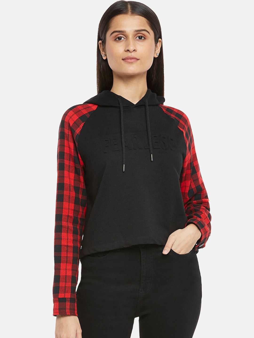 

People Women Black & Red Checked Hooded Sweatshirt