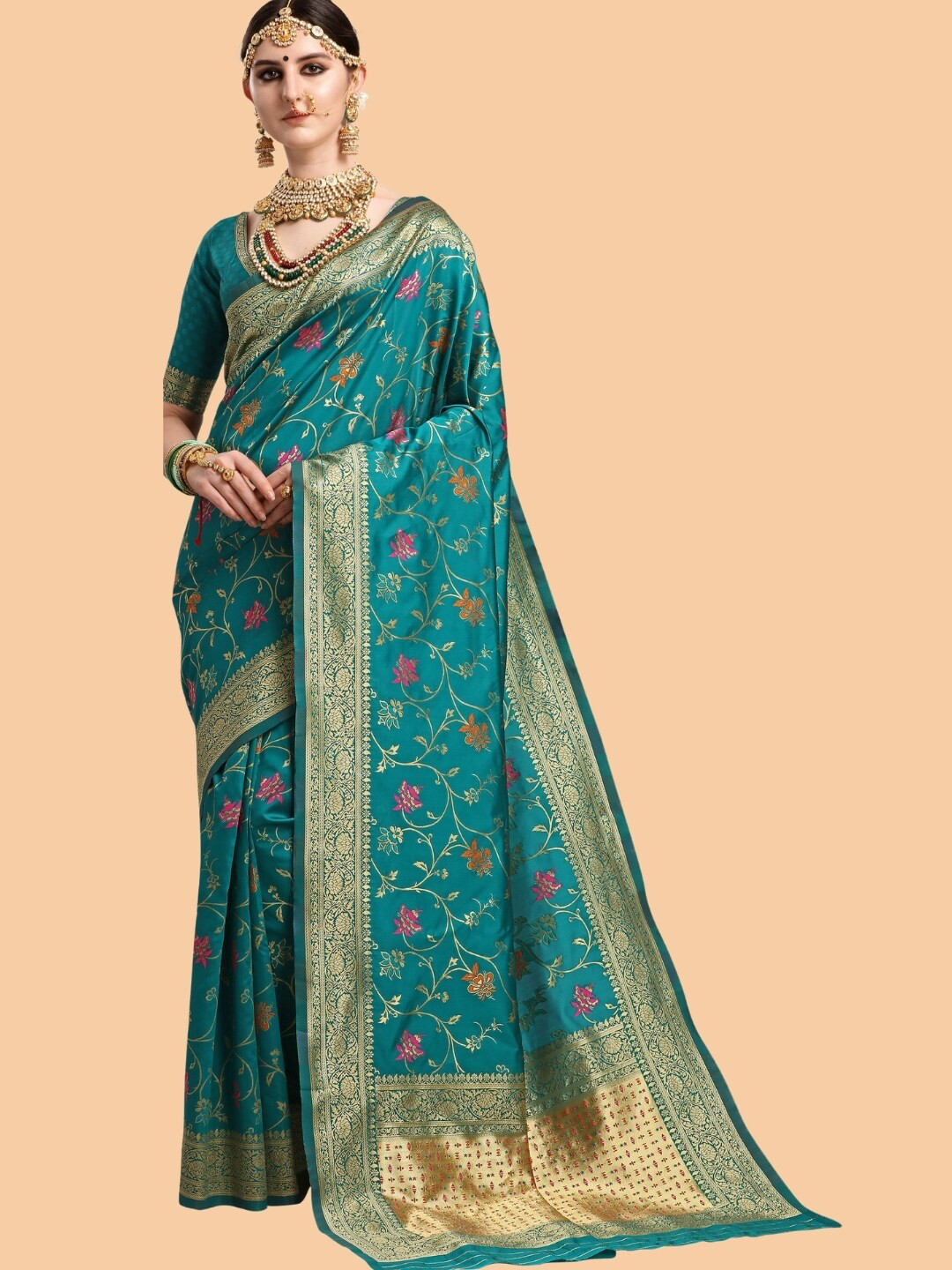 

Mitera Green & Gold-Toned Woven Design Zari Silk Blend Banarasi Saree
