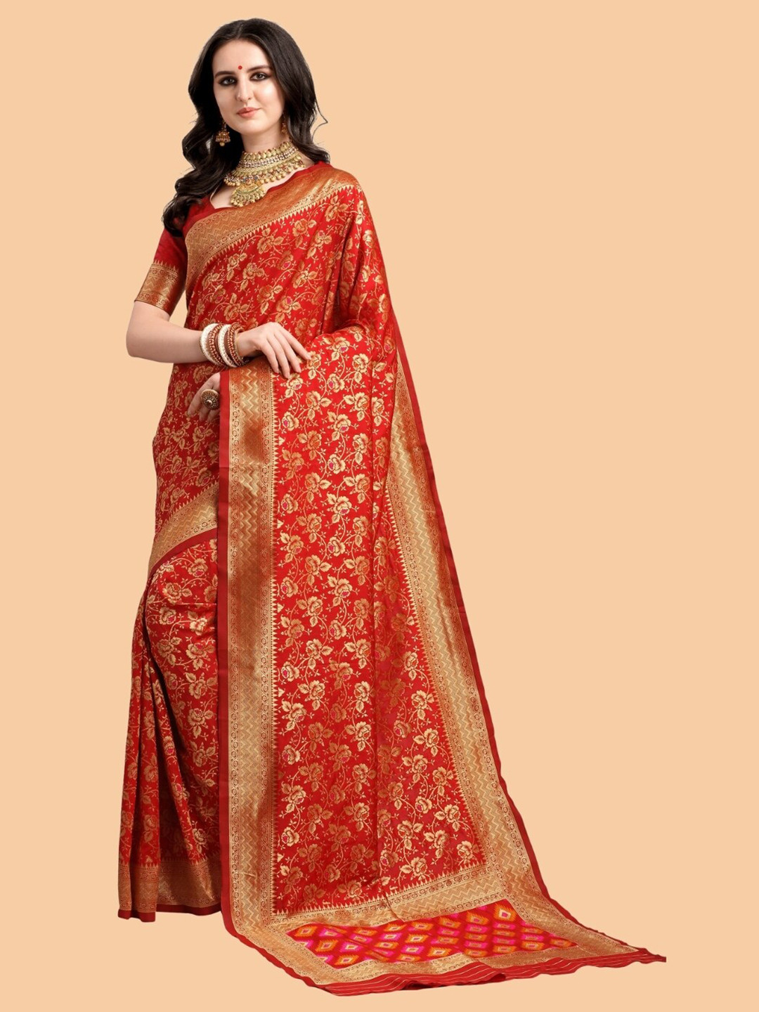 

Mitera Red & Gold-Toned Woven Design Zari Silk Blend Heavy Work Banarasi Saree