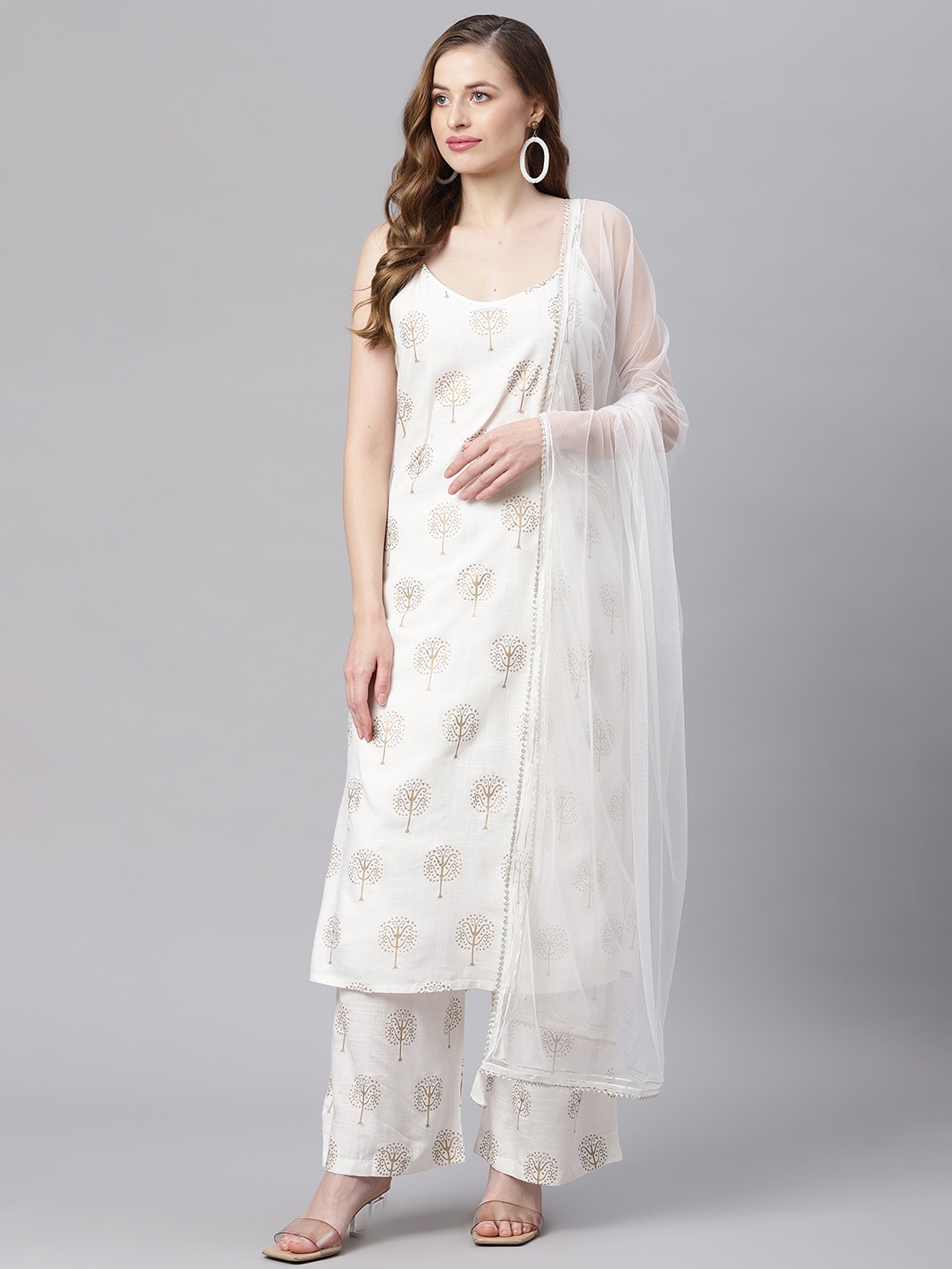 

Divena Women White Ethnic Motifs Printed Regular Pure Cotton Kurta with Palazzos & With Dupatta