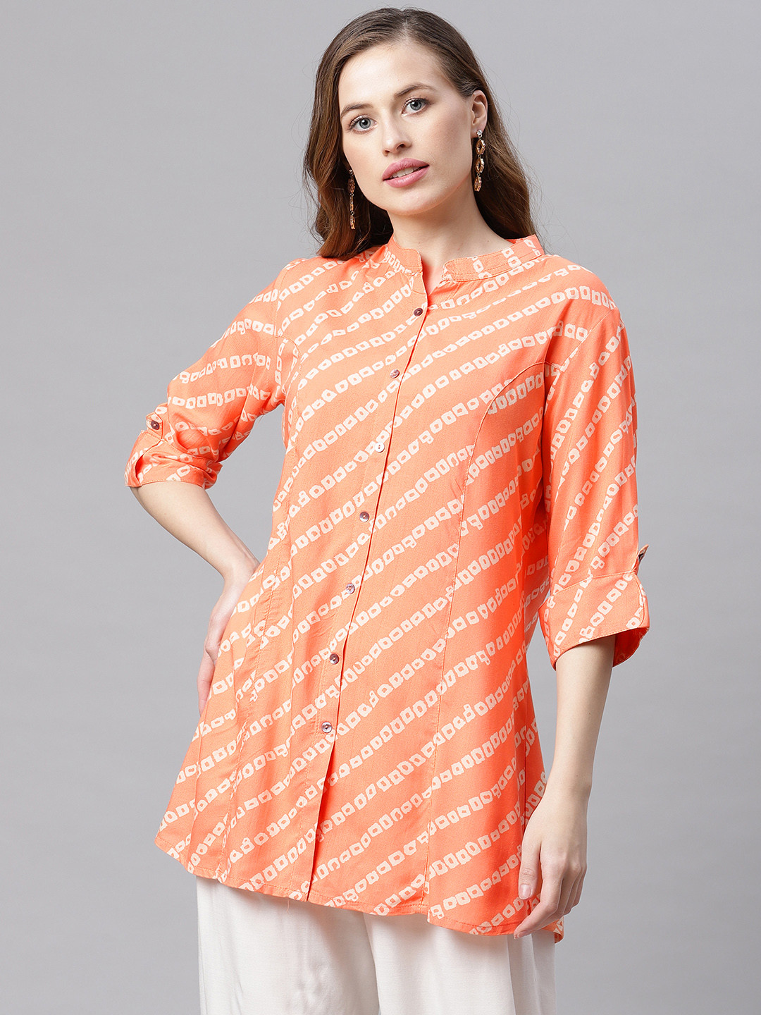 

Divena Orange & White Mandarin Collar Roll-Up Sleeves Regular Top