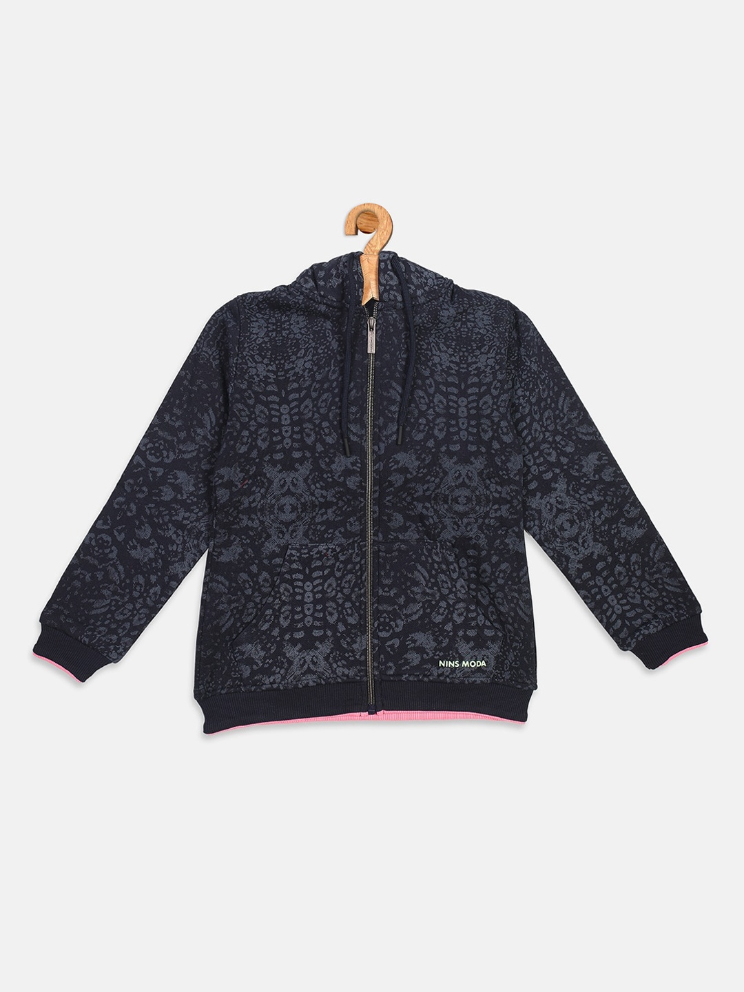 

Nins Moda Girls Navy Blue Printed Hooded Sweatshirt
