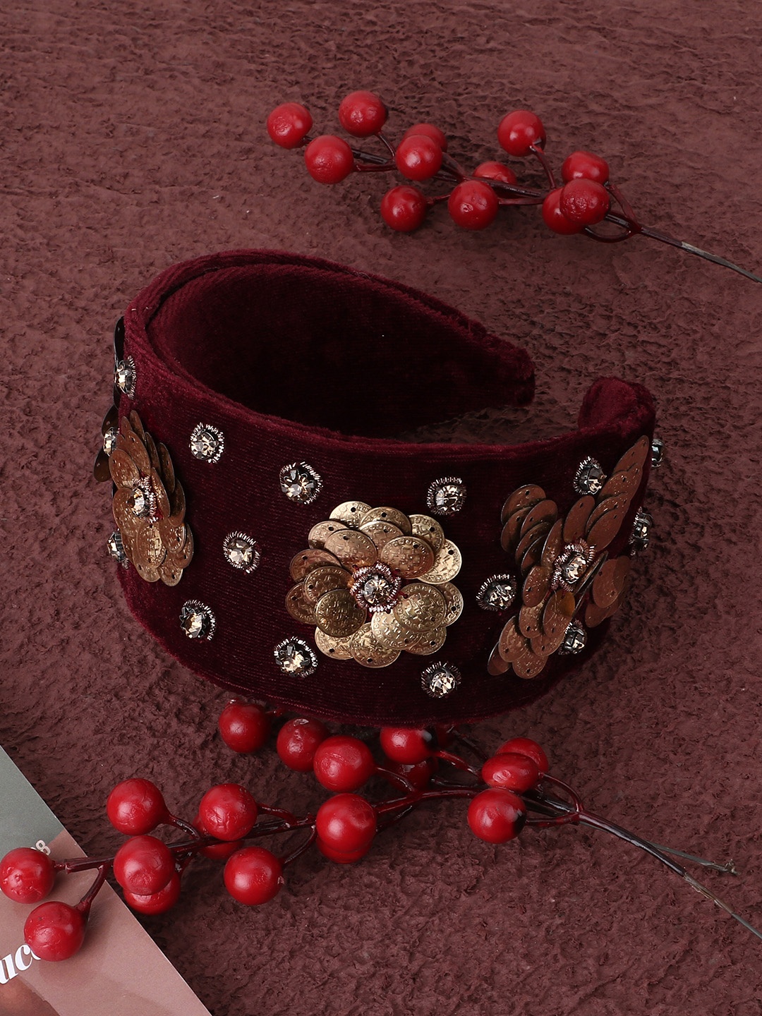 

Adwitiya Collection Women Maroon & Gold-Toned Beaded Embellished Hairband