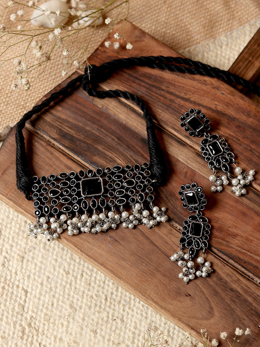 

TEEJH Oxidized Silver-Plated Black & White Stone-Studded & Beaded Jewellery Set