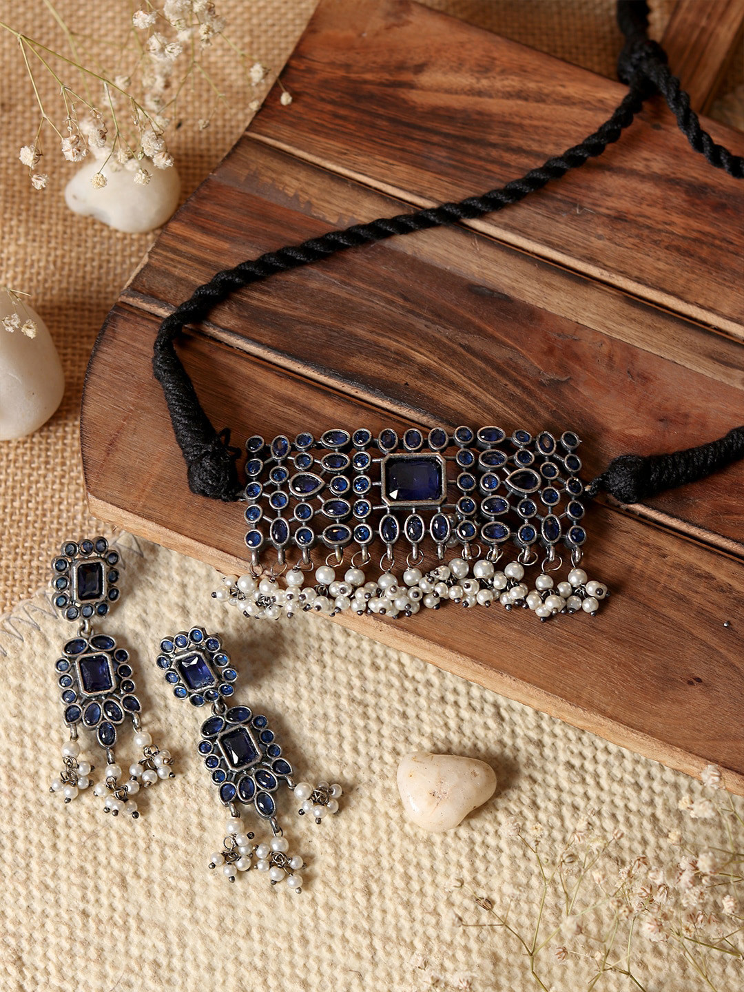 

TEEJH Oxidized Silver-Plated Blue & White Stone-Studded & Beaded Jewellery Set