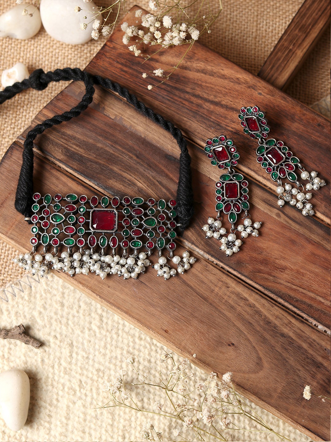 

TEEJH Oxidized Silver-Plated Pink & Green Stone-Studded & Beaded Jewellery Set