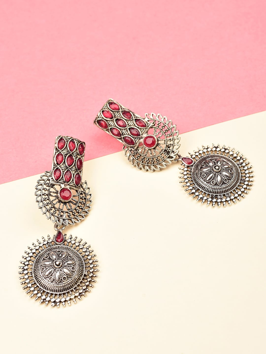

Indi INSIDE Silver-Plated Red Contemporary Oxidised Drop Earrings