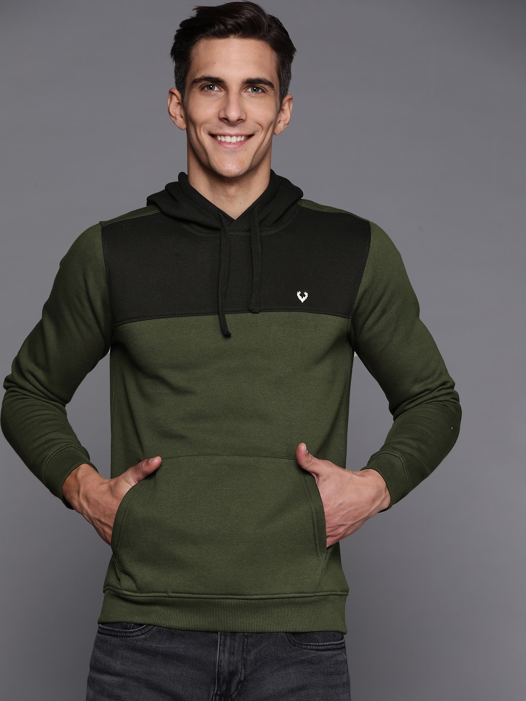 

Allen Solly Men Olive Green & Black Colourblocked Hooded Sweatshirt