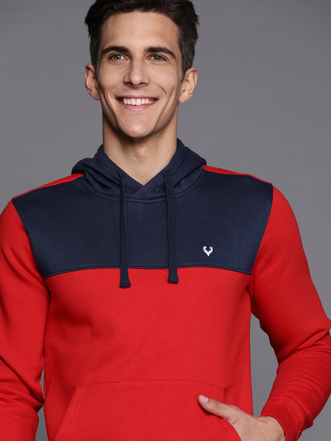 

Allen Solly Men Red & Navy Blue Colourblocked Hooded Sweatshirt